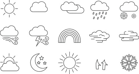 Fototapeta premium Set of black and white weather icons including sun clouds rain storm and snow symbols