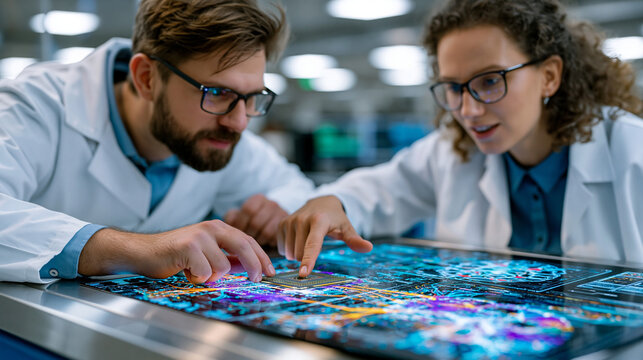 Engineer and neuroscientist collaborating over a neuromorphic computing chip prototype on a cleanroom workbench under industrial overhead lighting, circuit diagrams and brain connectivity schematics