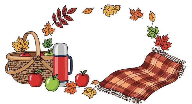 Autumn Picnic Illustration Apples, Leaves, Basket, Blanket  Thermos