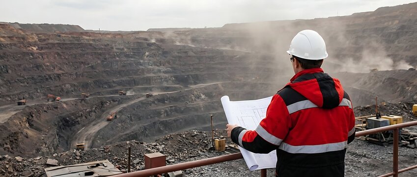 Mining engineer examines blueprints at open pit mine with excavators and dump trucks working creating dust clouds overhead.