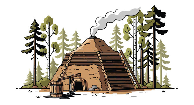 Rustic wooden log cabin illustration with smoke and forest trees isolated on white background