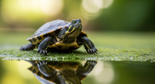 Close up of a turtle on a mossy surface near water with soft background