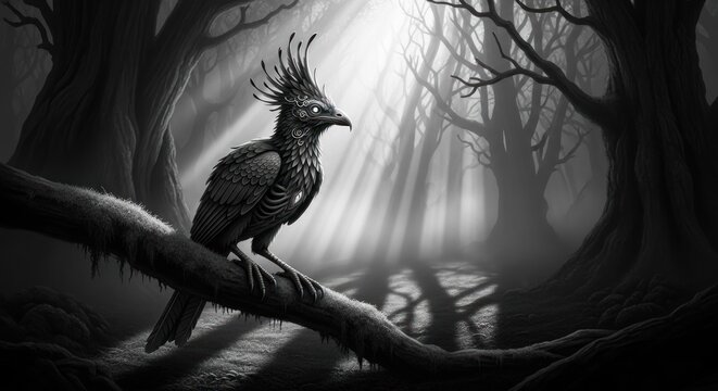 Black bird perched on branch in a dark forest illustration