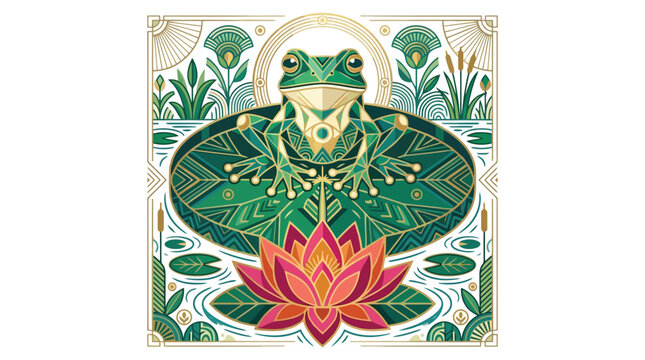 Elegant green frog sitting on lily pad with floral and lotus decorative illustration isolated on white background