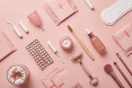 Personal hygiene products and birth control pills arranged aesthetically on pink background, care and wellness objects for women.