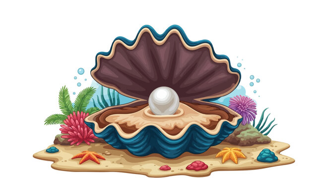 Cute cartoon seashell with pearl and ocean treasures isolated on white background