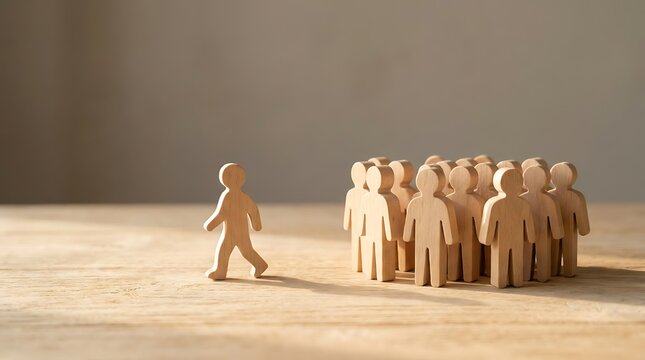 Wooden figure walking away from group towards sunlight symbolizing individuality breaking free leadership or moving on from conformity and crowd.