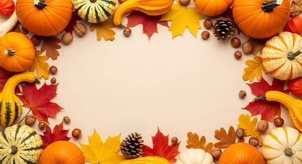Fototapeta premium Autumn harvest festive flat lay frame with pumpkins and fallen leaves