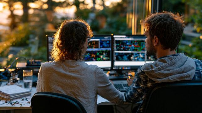 Two memory researchers seated in a dimly lit neuroscience lab at golden hour, poring over hippocampal memory formation behavioral data charts on dual monitors with handwritten notes stacked beside a