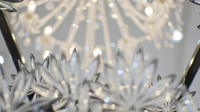 Close-up of crystal chandelier details with sparkling glass petals