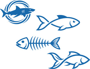 Fototapeta premium Blue Fish Logo Icon Set with Shark Silhouette and Creative Infinite Line Art Symbols Alongside a Detailed Skeleton Bone for Seafood Restaurant BrandingBlue Fish Logo Icon Set with Shark Silhouette and