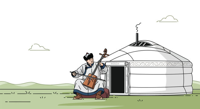 Traditional mongolian musician playing morin khuur near yurt on grassy hillside vector isolated on white background