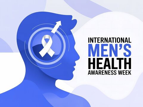 International mens health awareness week banner with blue male silhouette and white ribbon symbol