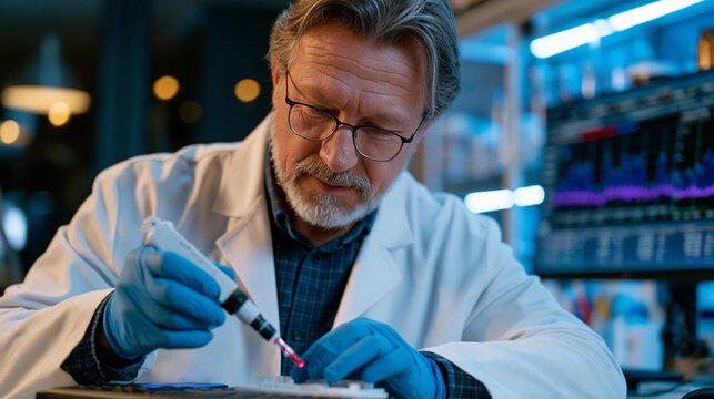 Male endocrinologist in his fifties calibrates a peptide compound delivery device in a research pharmacy adjacent to a clinical trial suite, growth hormone secretagogue dosing charts and participant