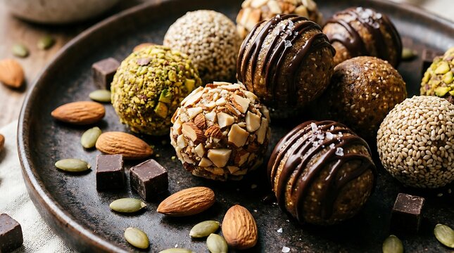 Healthy raw energy balls made with nuts seeds and dates rolled in chopped nuts and coconut powder and drizzled with chocolate.