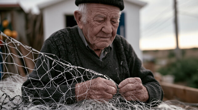 Ninety-four-year-old retired fisherman sits mending nets outside a coastal workshop in early morning mist, his strong arthritic hands working methodically as a documentary filmmaker records the dail