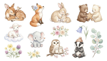 Fototapeta premium Watercolor woodland animal clipart collection with floral accents and gentle nursery themed elements for creative design. Collection of Vector illustrations for invitation, card, poster, banner, decor