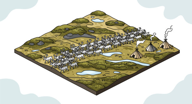 Isometric ancient village settlement with herds and teepees on grassy terrain illustration isolated on white background
