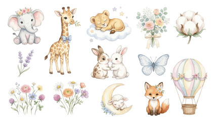 Obraz premium Cute watercolor animal set with floral accents and soft nursery themed details for baby shower and stationery projects. Collection of Vector illustrations for invitation, card, poster, banner, decor