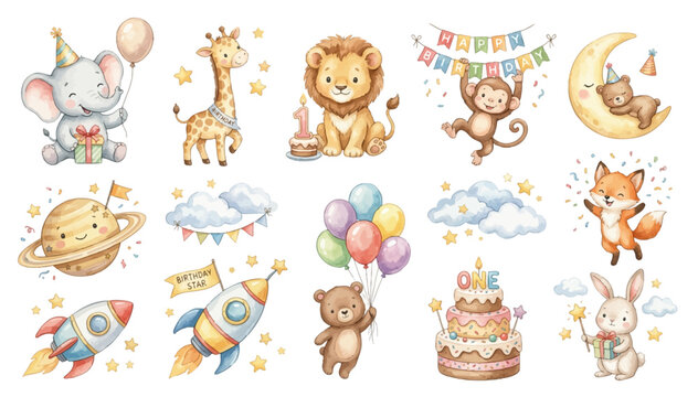Watercolor birthday clipart collection with cute animals, party elements and whimsical space themed decorations for kids. Collection of Vector illustrations for invitation, card, poster, banner, decor