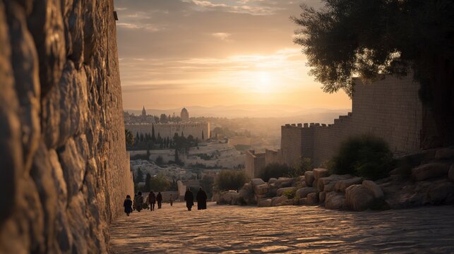 Jerusalem rests in peace behind restored walls as families walk its streets beneath golden sunset light, while the Temple stands as a beacon of hope, renewal, and God&rsquo;s enduring faithfulness.
