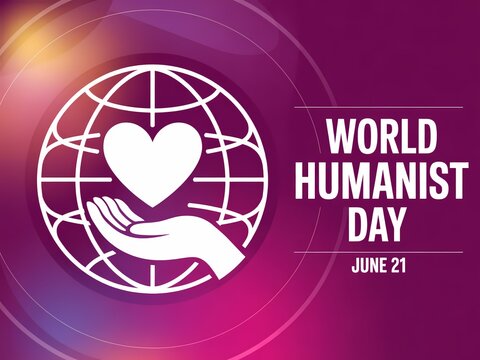 World humanist day concept with globe, heart and hand illustration on purple background