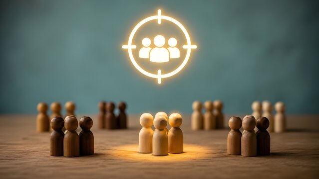 Target audience market segmentation concept with neon icon and wooden figures