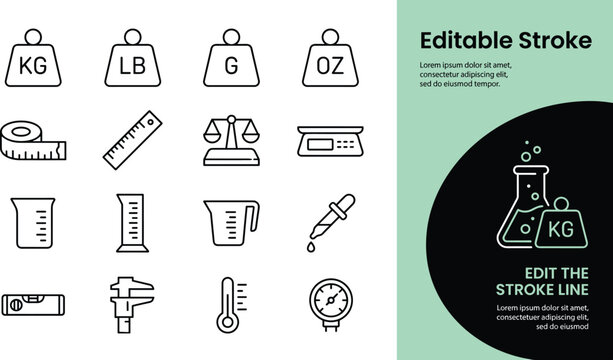 Flat line art icons of kitchen scales, measuring tools, and food weight units with editable stroke lines in green and gray tones.