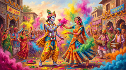 Naklejka premium Krishna and Radha celebrating holi with colorful powder in village.