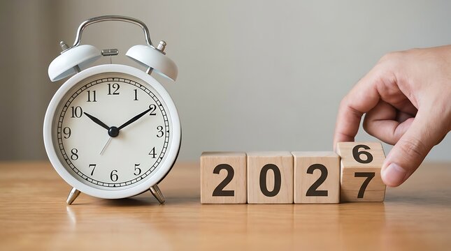 Close-up of white alarm clock and wooden blocks showing year 2027 with finger changing block from 7 to 6, concept of time passing and upcoming year.