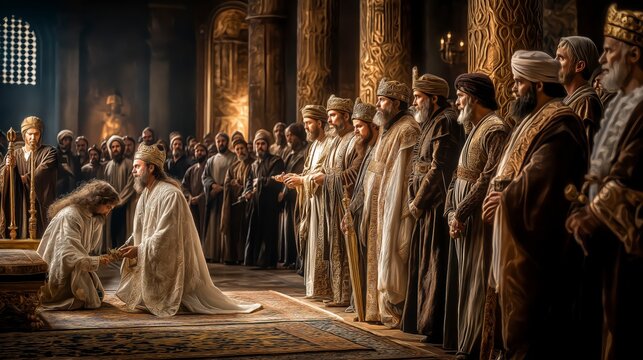 King Xerxes extends the golden scepter toward Esther before the royal court, honoring courageous faith that approaches authority with wisdom, humility, and purpose.
