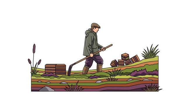 Man farming with rake on grassy slope illustration isolated on white background