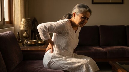 Fototapeta premium Senior Indian woman in white clothing sitting on a dark couch in a dimly lit room, suffering from severe lower back pain.