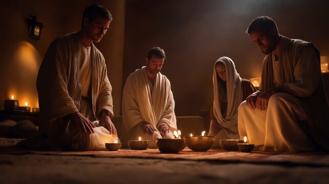 As they face uncertainty and opposition, a small group of Christians kneels together in prayer, seeking God's peace and strength in the quiet glow of oil lamps.
