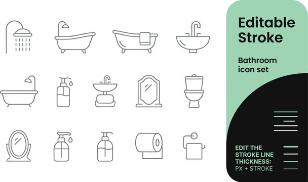 Modern flat design bathroom essentials icon set in editable stroke style, vector line art for home decor and interior design.