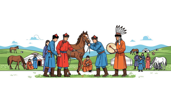 Traditional nomadic people gathering with horses and yurt in pastoral landscape isolated on white background