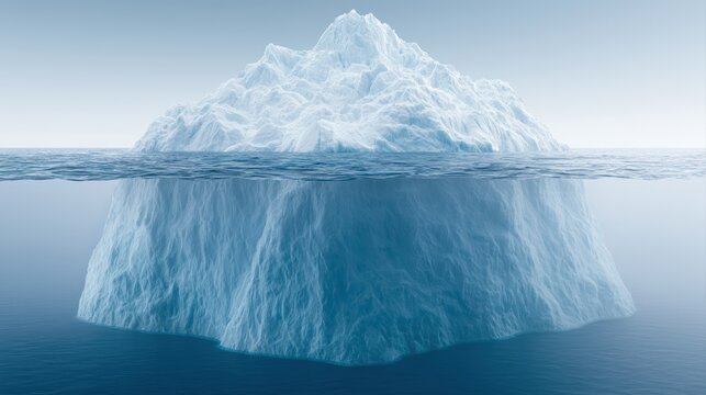 Massive iceberg floating above and below ocean surface, hidden danger, climate change, global warming visualization