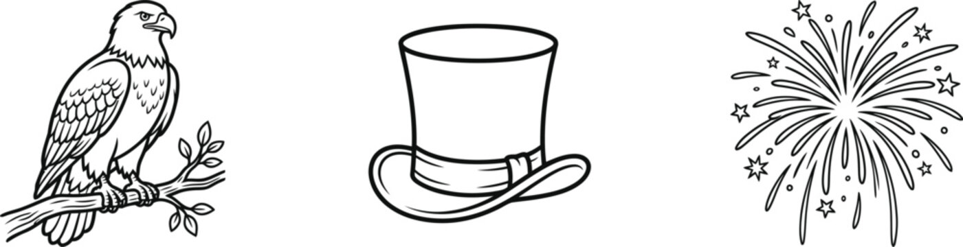 American symbolism trio bald eagle top hat and fireworks line art illustration