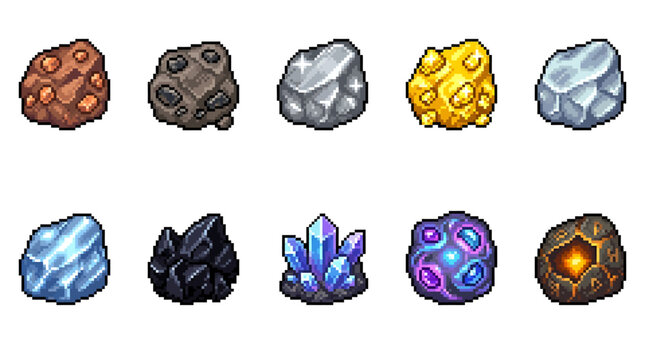 Pixel art game elements for a summer adventure, featuring various precious stones and minerals for crafting and progression