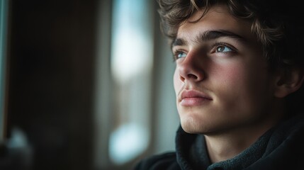 Obraz premium Young Man Looking Upwards with Hopeful Expression, Close-up Portrait, Soft Natural Light