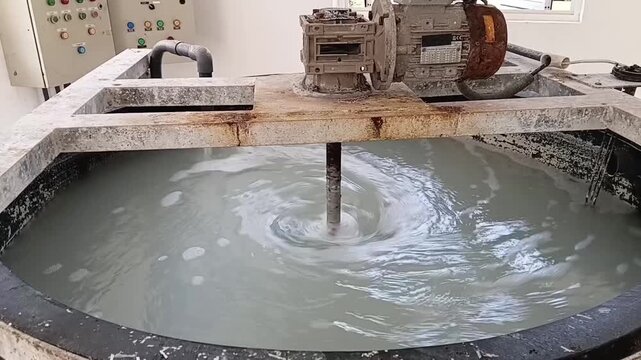 Extreme close-up of a turbulent vortex formed by an agitator mixing a chemical flocculant solution in a water treatment tank.