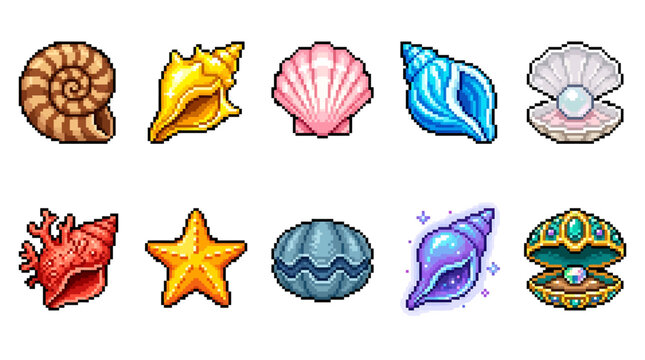 A vibrant pixel art collection of tropical seashells and marine elements, perfect for a summer themed game or digital asset pack