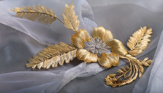 elegant gold floral embroidery on sheer grey tulle fabric featuring intricate metallic thread work and delicate leaf patterns for haute couture and luxury fashion