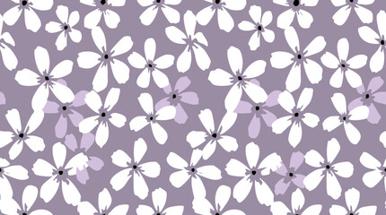Floral ornament pattern with white blossoms on a lavender-purple background. © Mansura