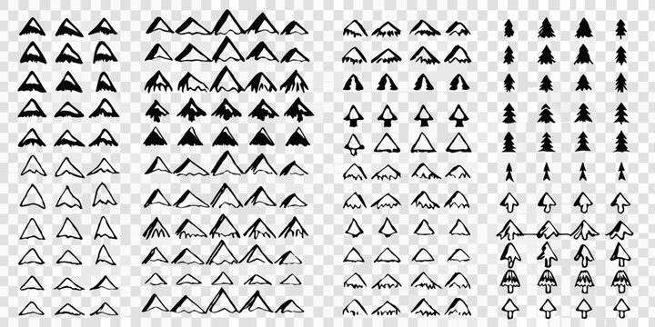 Mountain And Tree Silhouettes Black Sketchy Style With Transparent Background