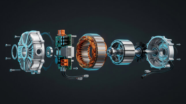Exploded 3D view of an electric motor showing internal components, rotor, stator, and circuit board. E-mobility and engineering concept. Generative AI.
