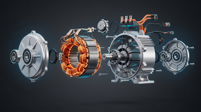 Exploded view of a modern electric motor showing internal components, 3D render