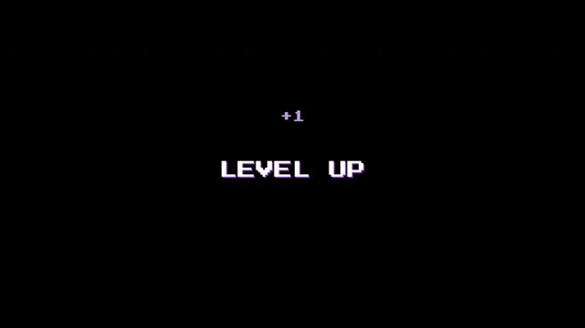 Retro 8-Bit Level Up Text Animation with Digital Glitch Effect