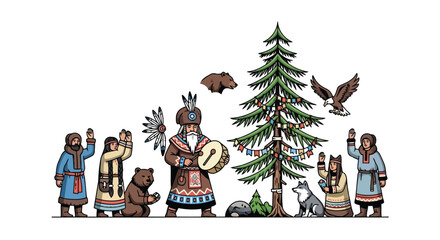 Naklejka premium Native american winter celebration illustration with forest animals and festive tree isolated on white background