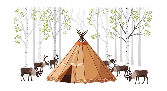 Traditional yurt tent illustration with deer and birch trees in forest scene isolated on white background